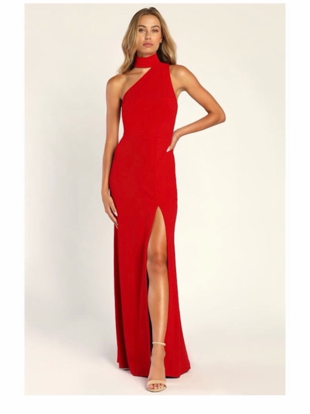 Lulus Red One-Shoulder Slit Evening Dress